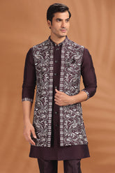 Wine Purple Silk Embroidered Kurta Pajama with Jacket